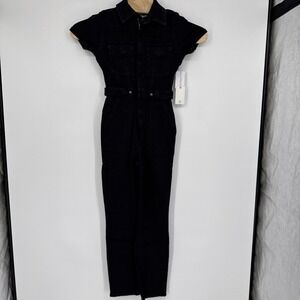 GOOD AMERICAN NWT $199 Black Denim Jean Tie Adjustable Waist Belted Jumpsuit XS